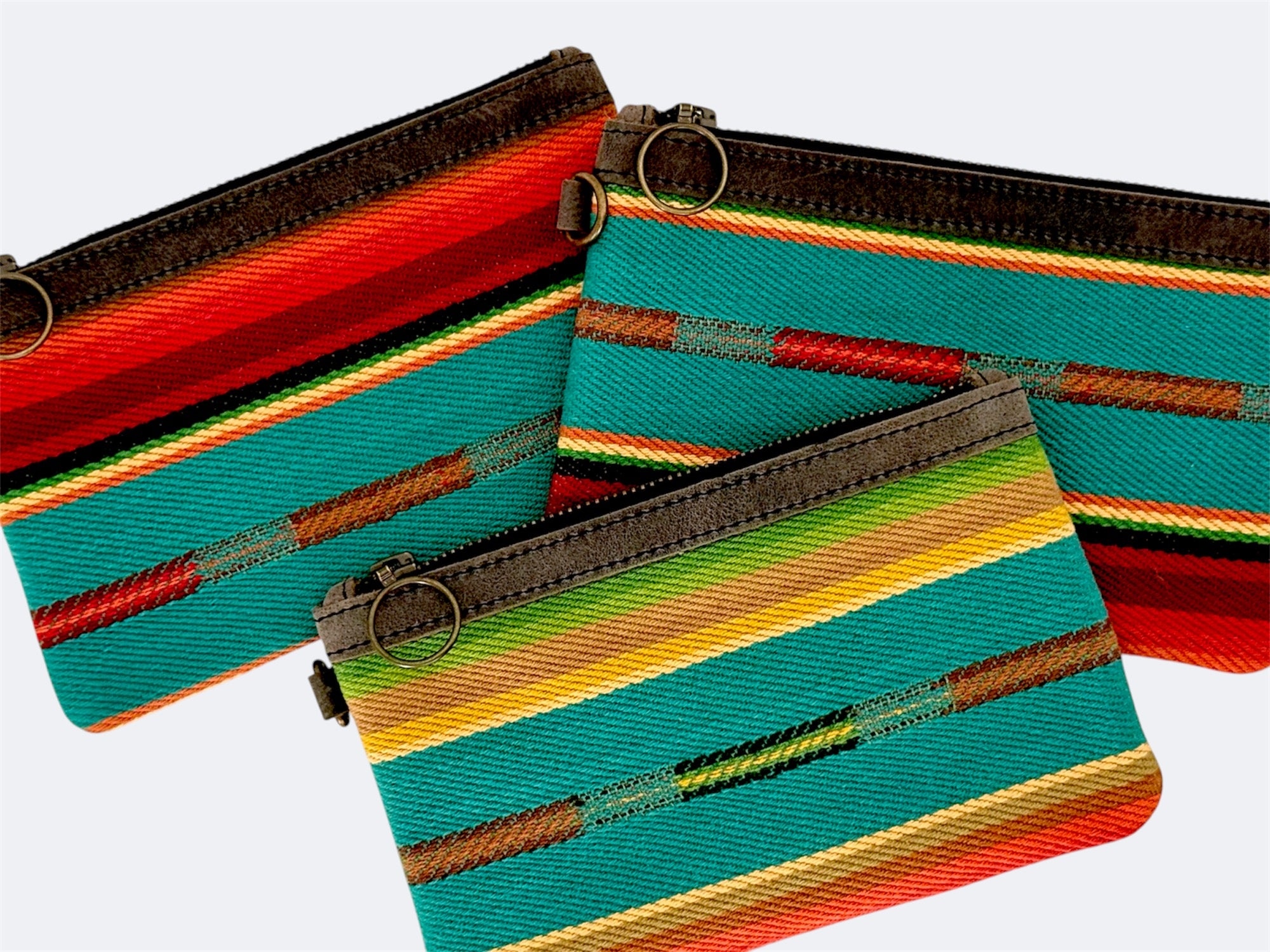 Leather-Lined Textile Zipper Pouch - Turquoise