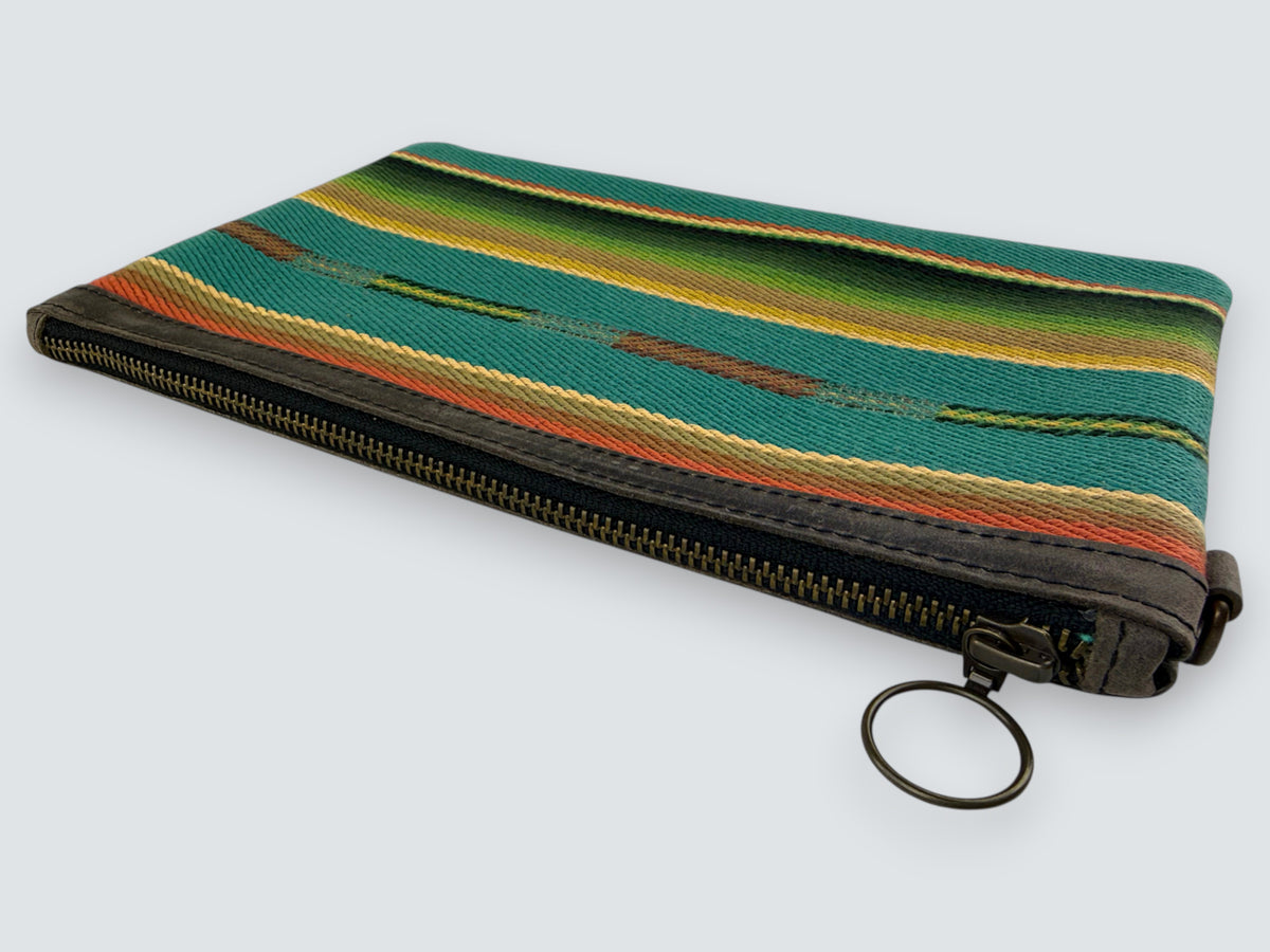 Leather-Lined Textile Zipper Pouch - Turquoise