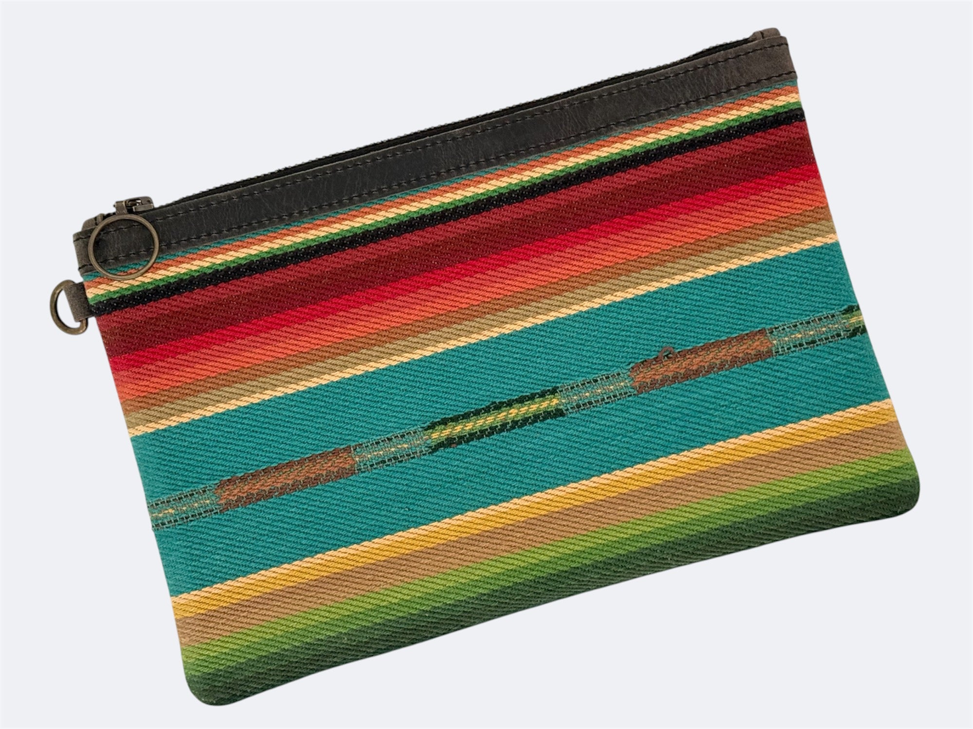 Leather-Lined Textile Zipper Pouch - Turquoise