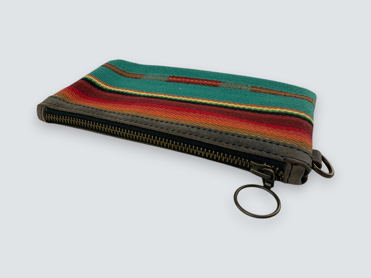 Leather-Lined Textile Zipper Pouch - Turquoise