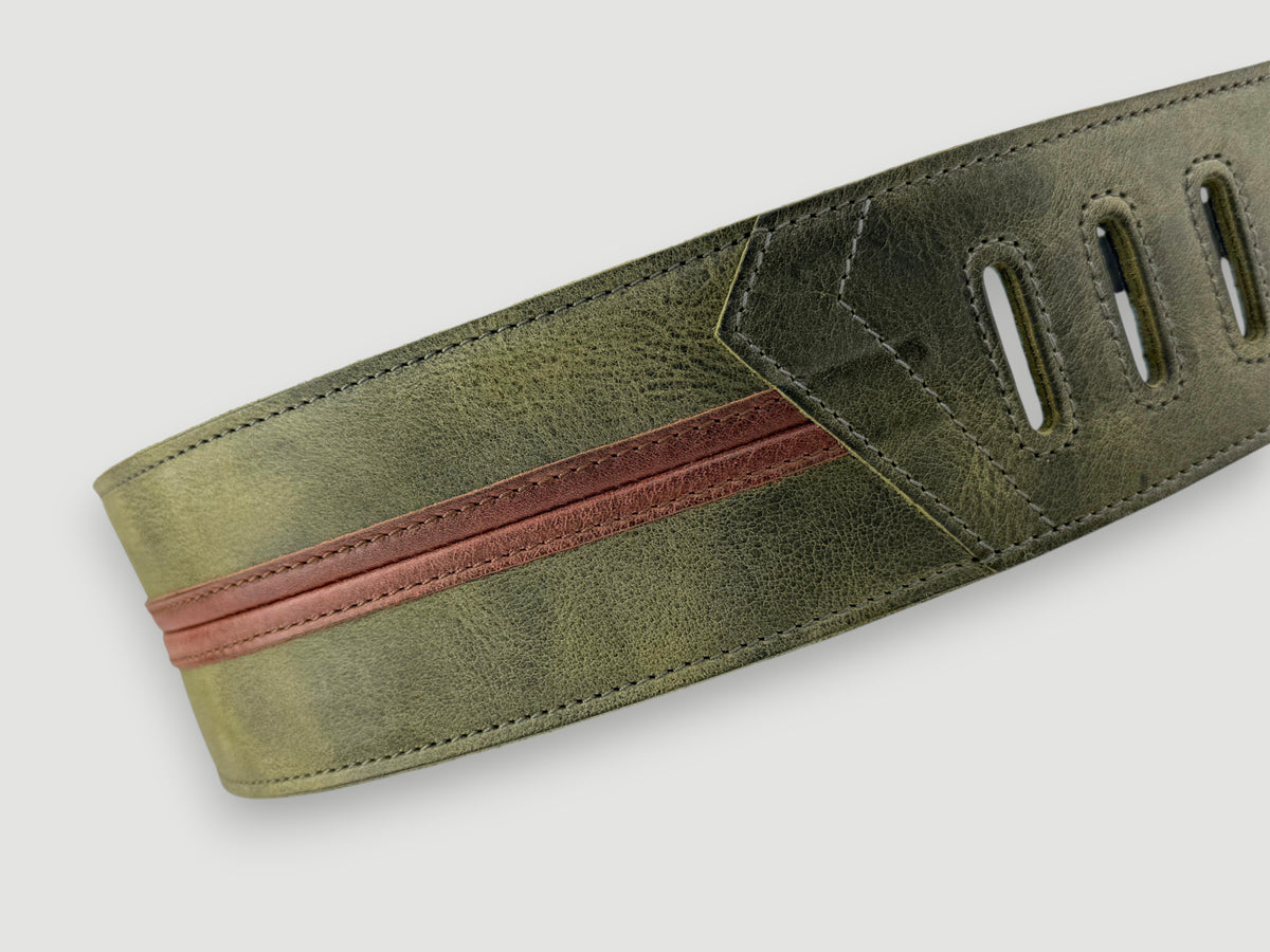Straight Up - Relic Sage with Cognac Stripe Leather Guitar Strap