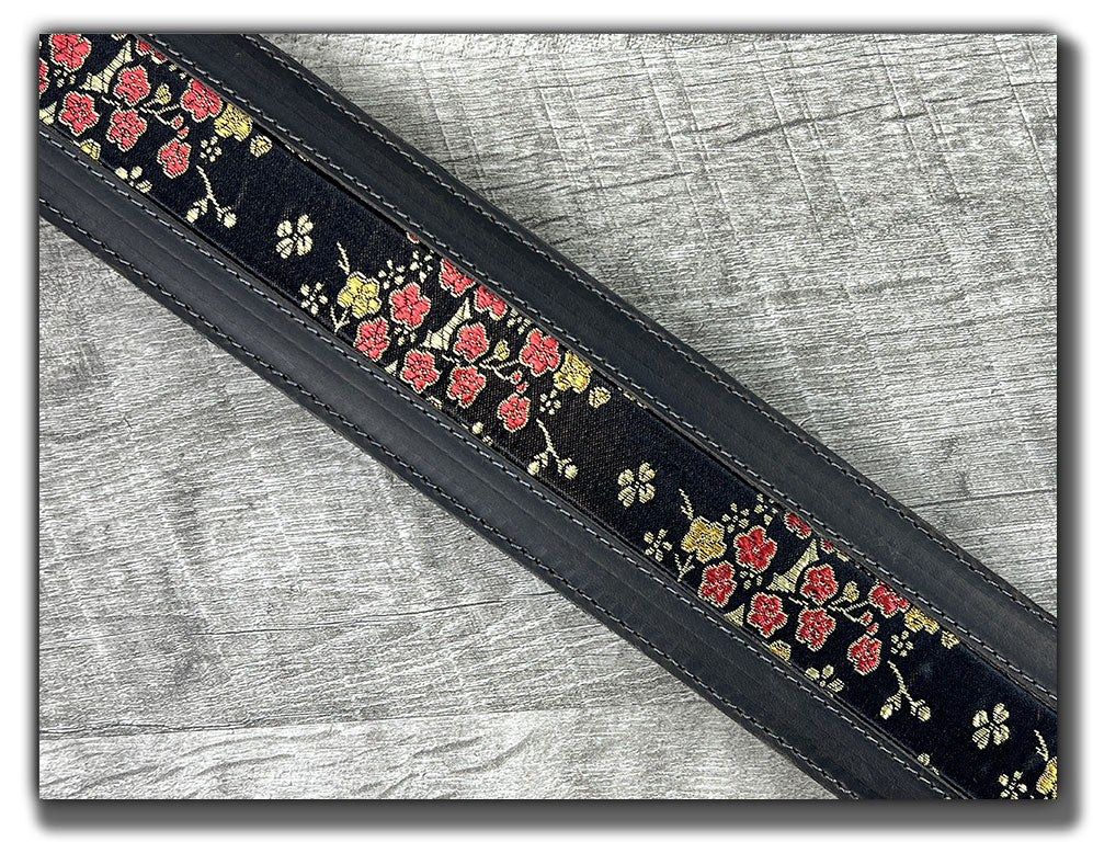 Naginata - Black Floral - Aged Steel Leather Guitar Strap