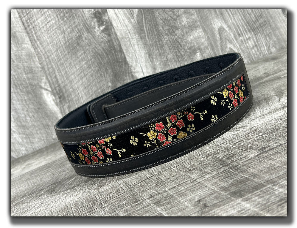 Naginata - Black Floral - Aged Steel Leather Guitar Strap