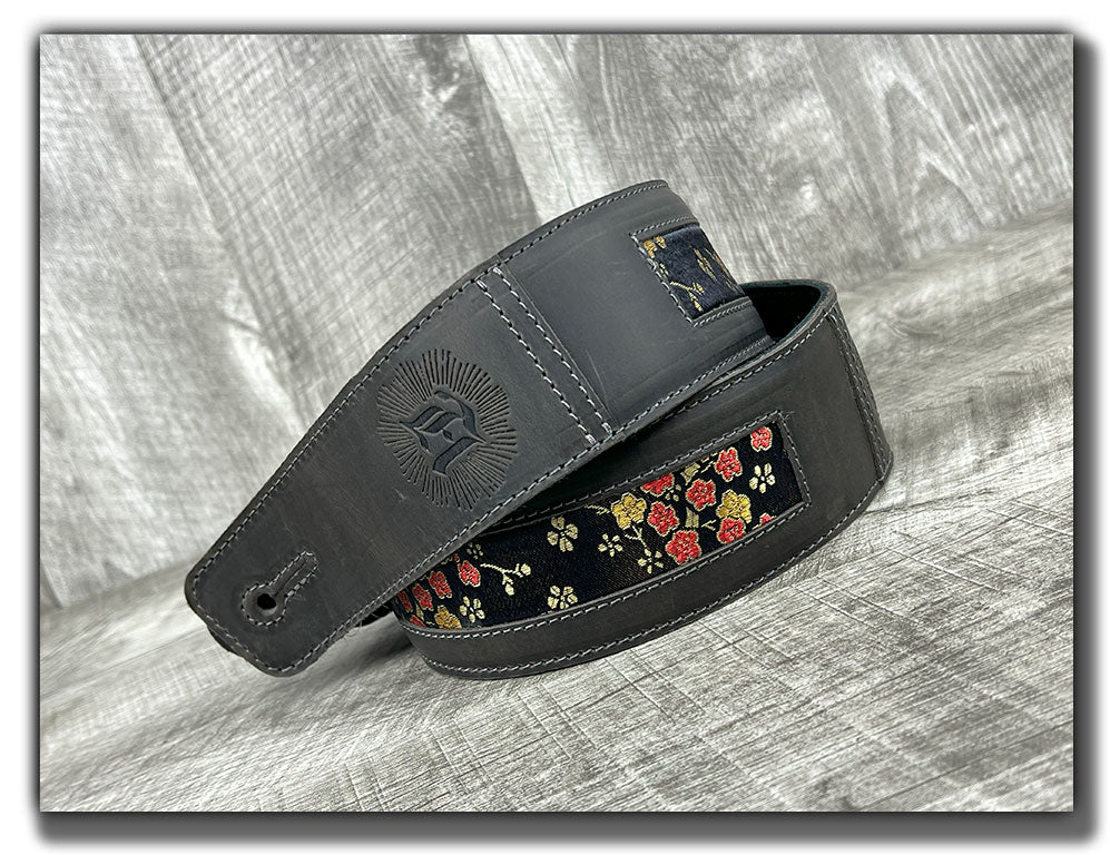 Naginata - Black Floral - Aged Steel Leather Guitar Strap