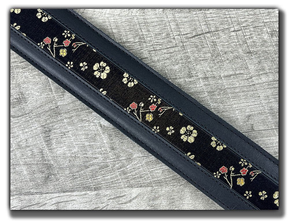 Naginata - Black Floral - Carbon Black Leather Guitar Strap