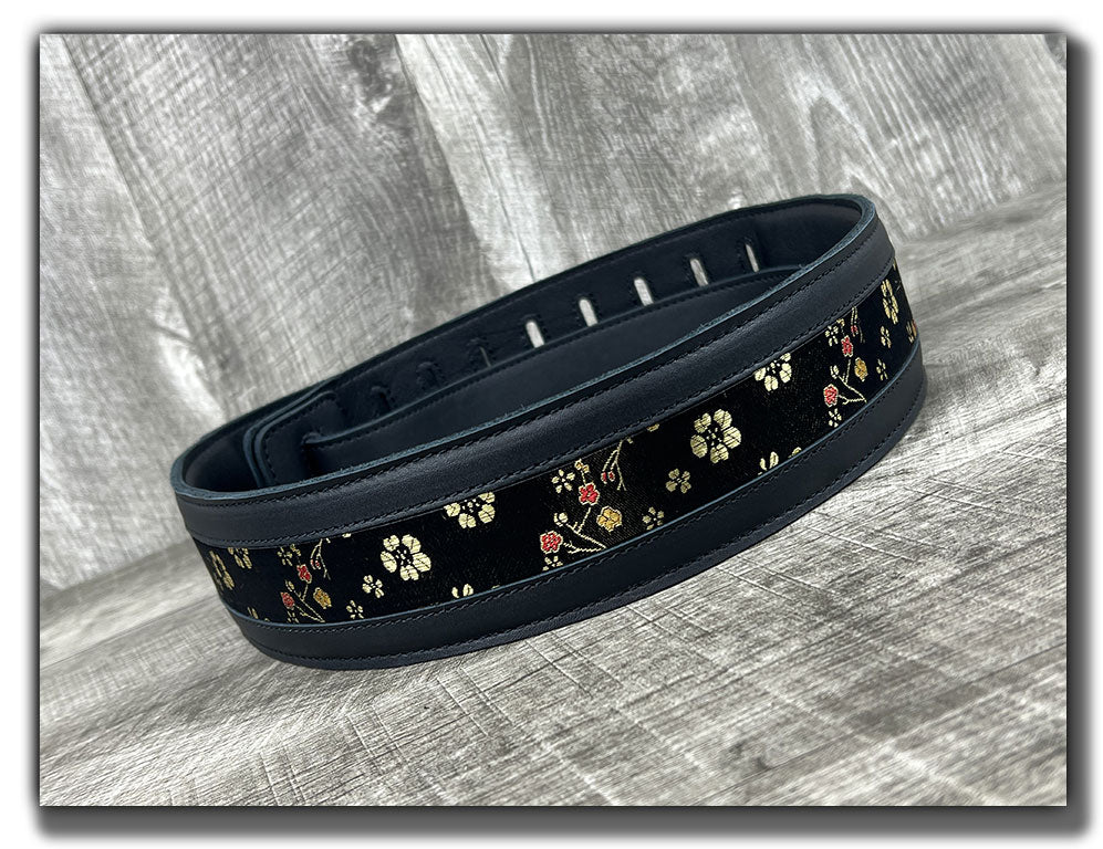 Naginata - Black Floral - Carbon Black Leather Guitar Strap