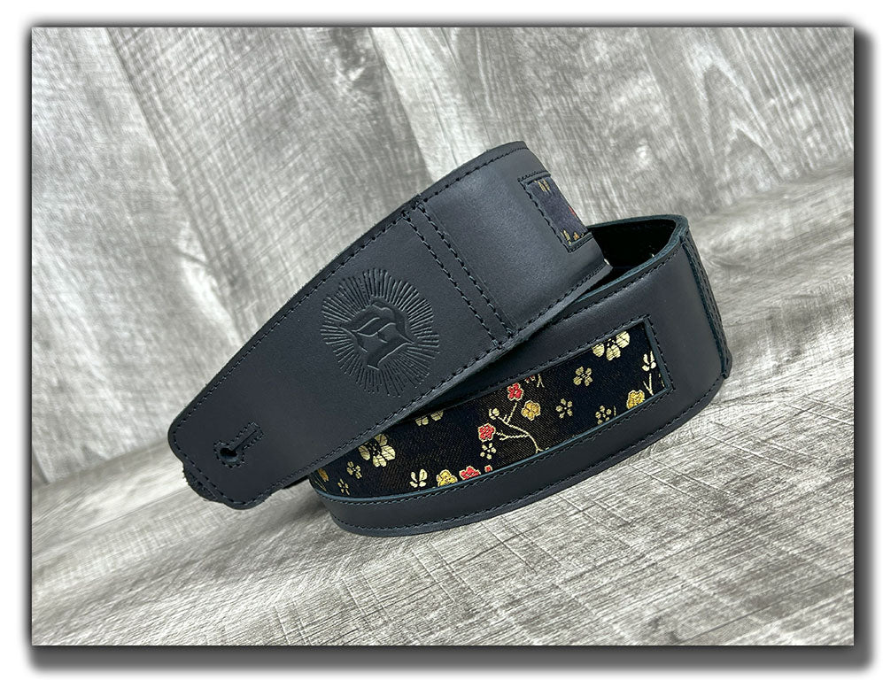 Naginata - Black Floral - Carbon Black Leather Guitar Strap