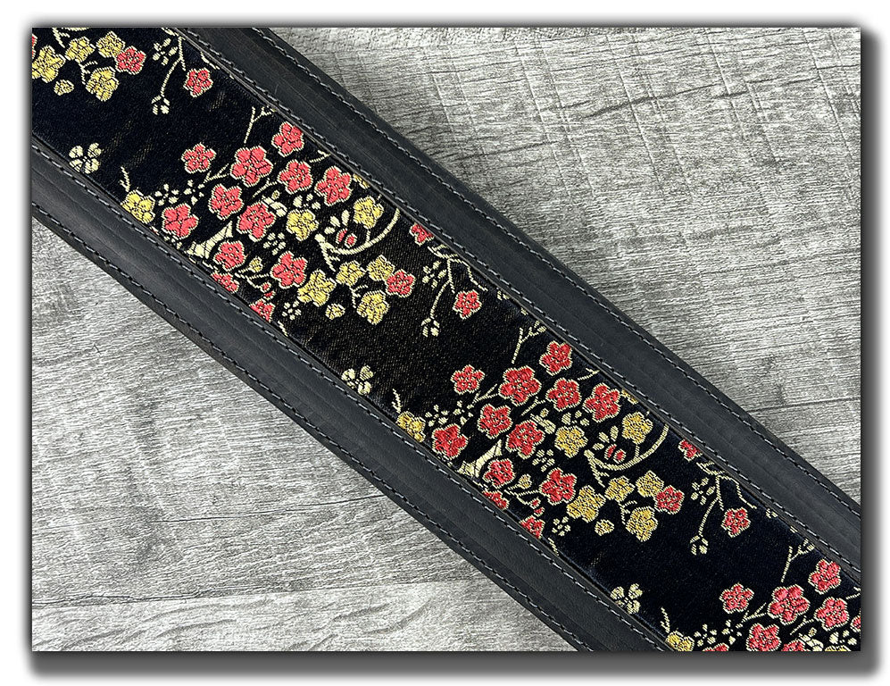 Naginata - Black Floral - Aged Steel Leather Guitar Strap