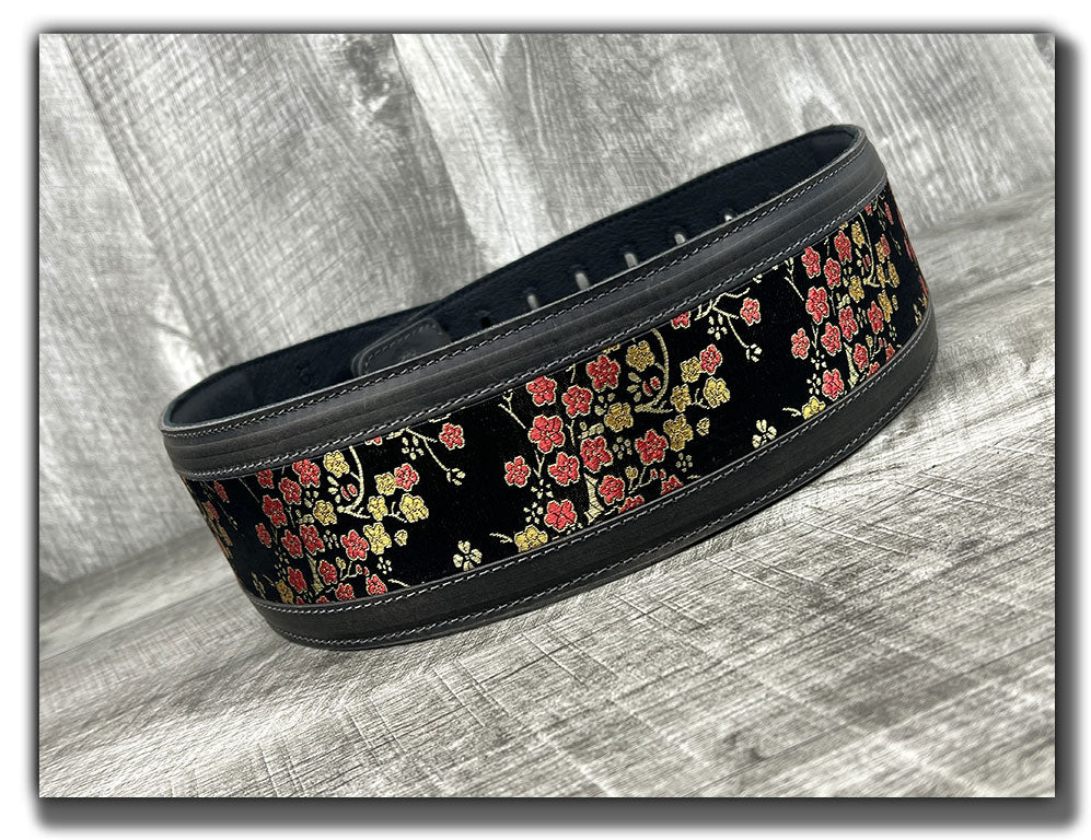 Naginata - Black Floral - Aged Steel Leather Guitar Strap