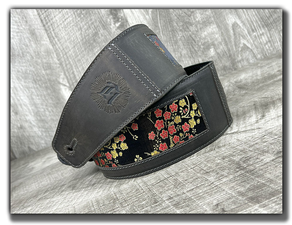 Naginata - Black Floral - Aged Steel Leather Guitar Strap