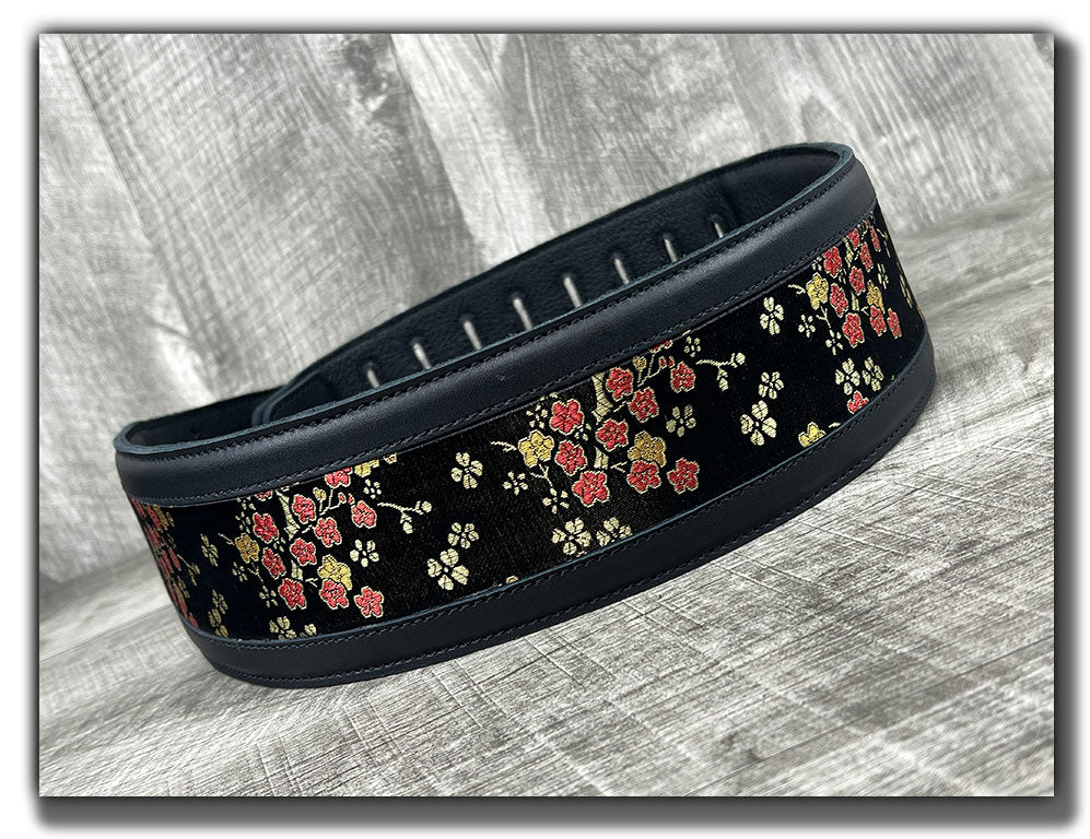 Naginata - Black Floral - Carbon Black Leather Guitar Strap