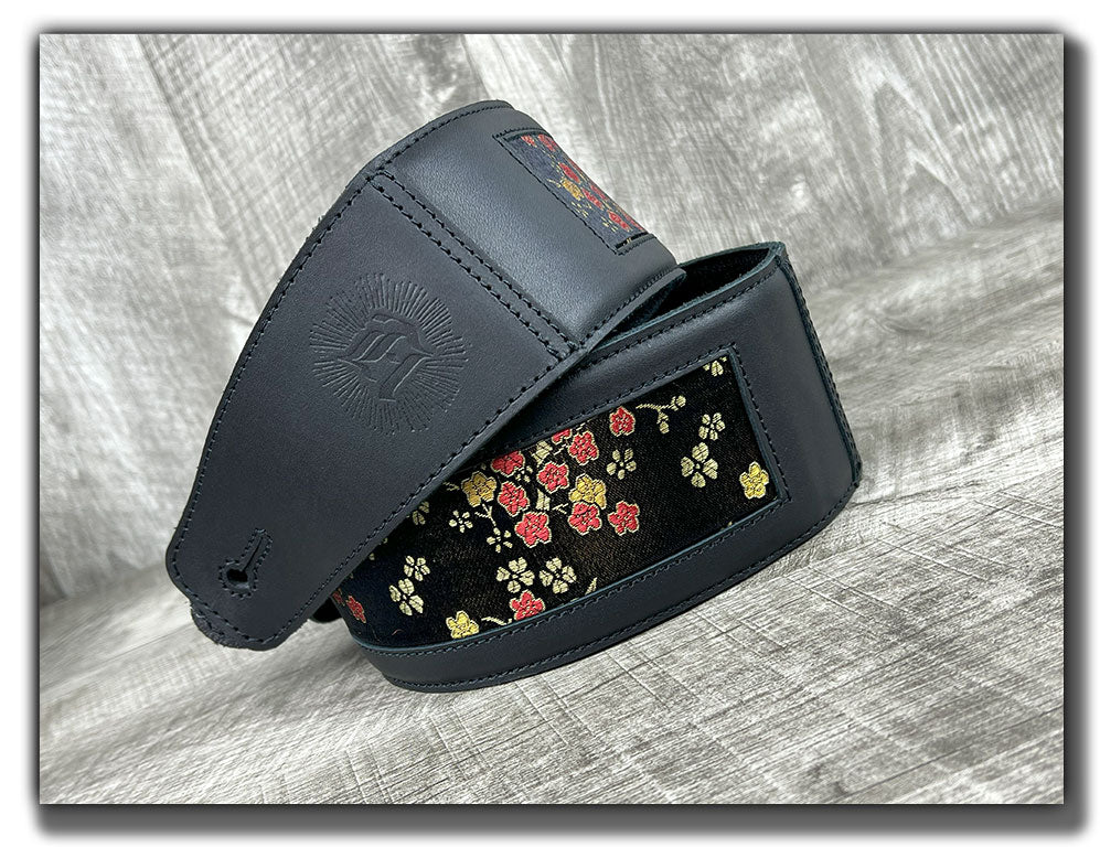 Naginata - Black Floral - Carbon Black Leather Guitar Strap