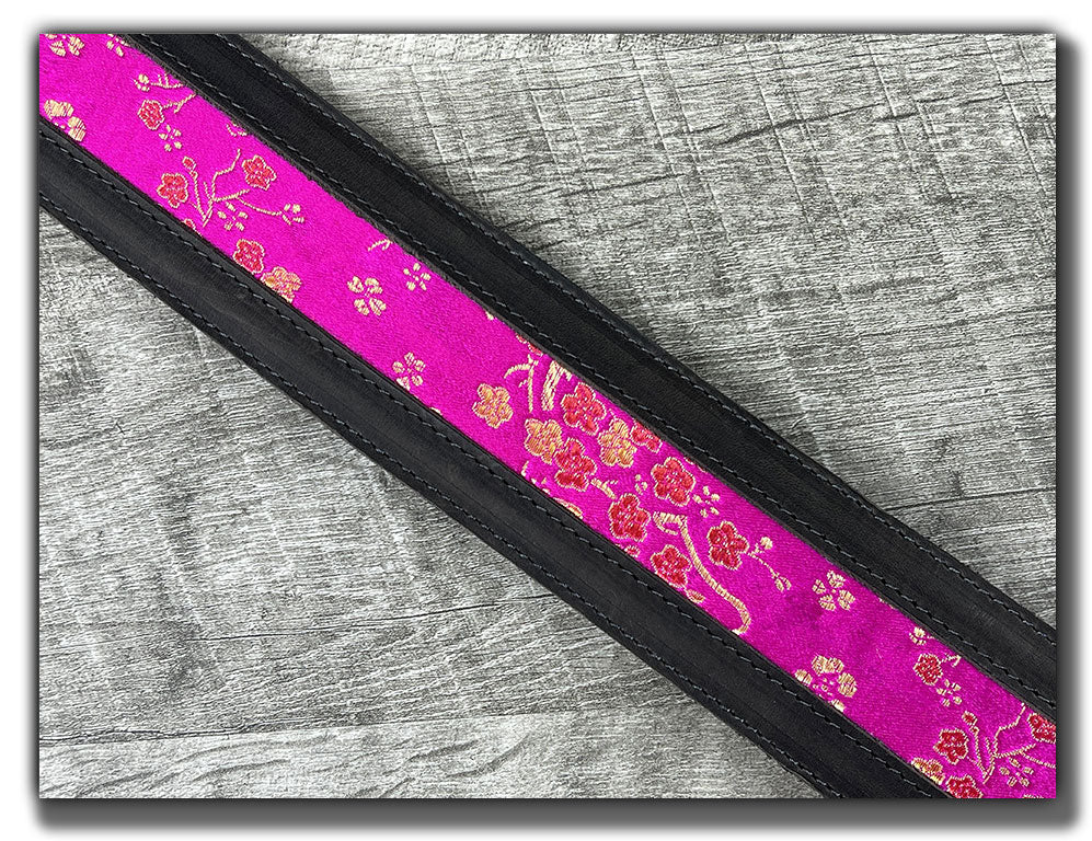 Naginata - Hot Pink Floral - Aged Steel Leather Guitar Strap