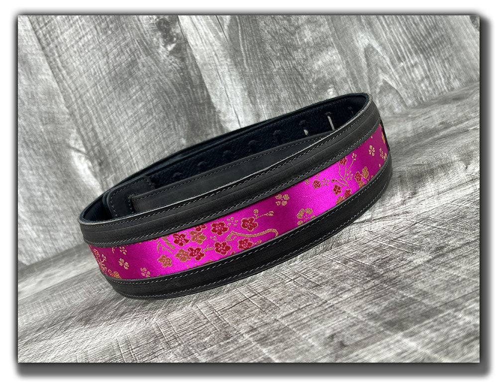 Naginata - Hot Pink Floral - Aged Steel Leather Guitar Strap