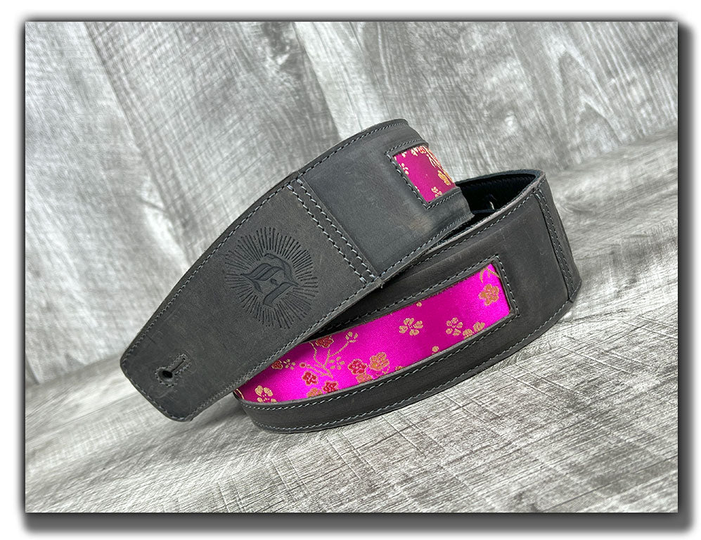 Naginata - Hot Pink Floral - Aged Steel Leather Guitar Strap