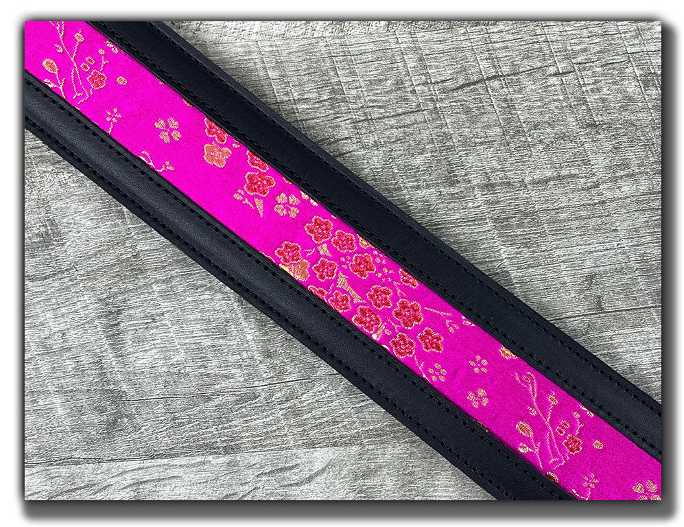 Naginata - Hot Pink Floral - Carbon Black Leather Guitar Strap