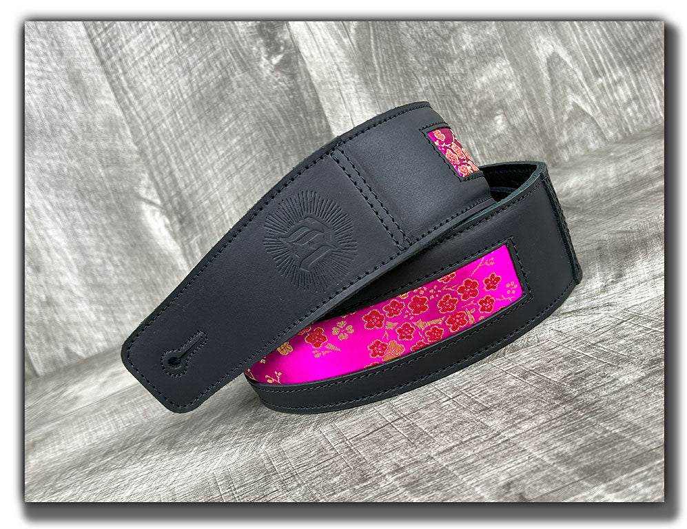 Leather Guitar Strap | Hot Pink Floral Silk | Black Leather  display picture 2