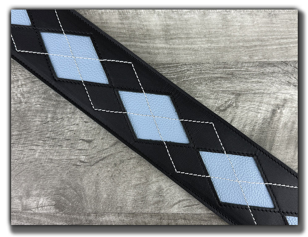 Everett - Carbon Black/Baby Blue Argyle Leather Guitar Strap