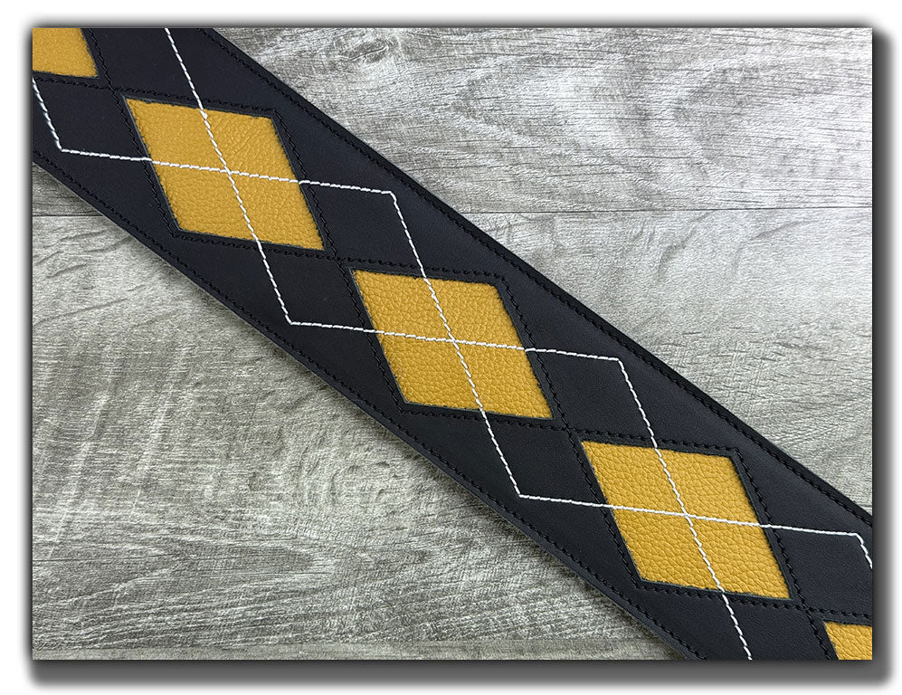 Everett - Carbon Black/Mustard Yellow Argyle Leather Guitar Strap