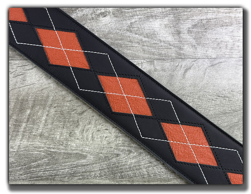 Everett - Carbon Black/Orange Peel Argyle Leather Guitar Strap