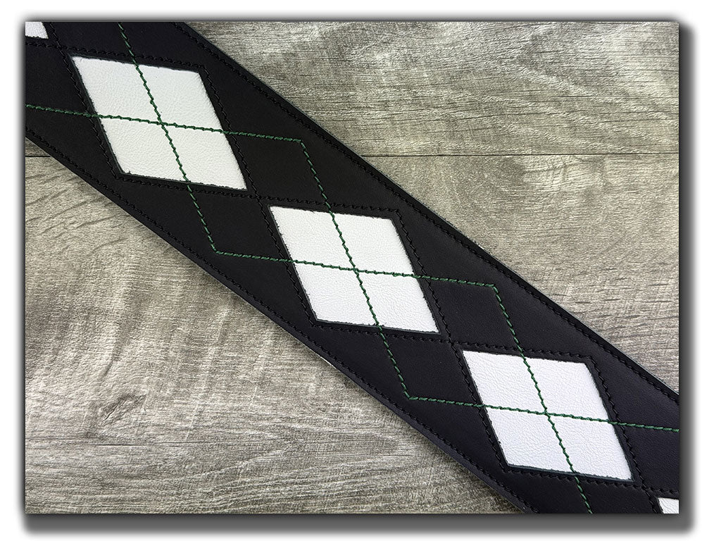 Everett - Carbon Black/White with Emerald Green Thread Argyle Leather Guitar Strap