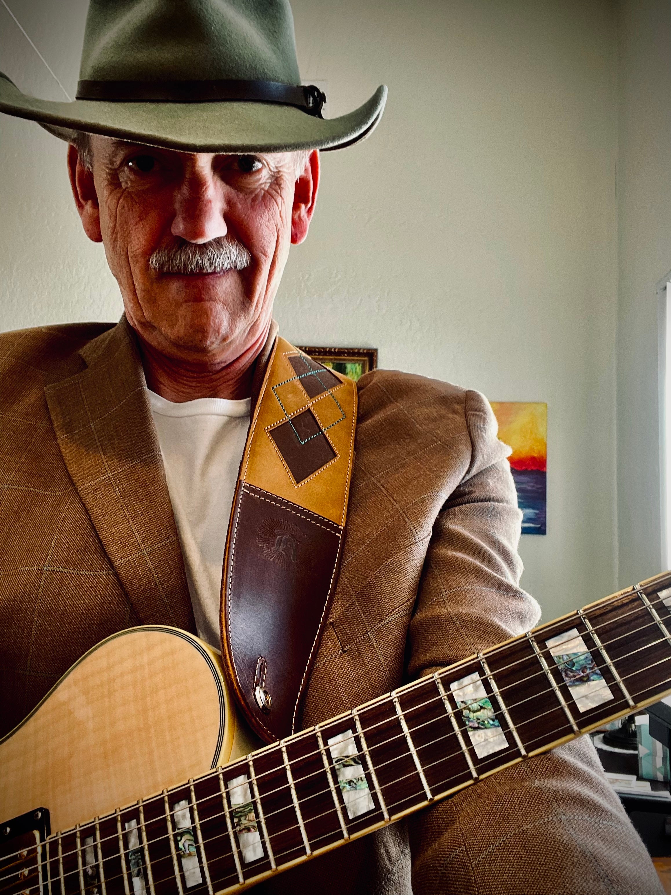 Everett - Tobacco/Aqua Argyle Leather Guitar Strap