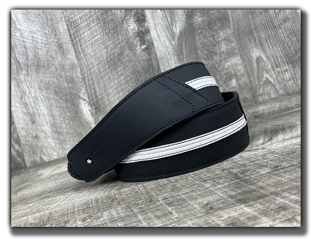 Straight Up - Carbon Black with White Stripe Leather Guitar Strap