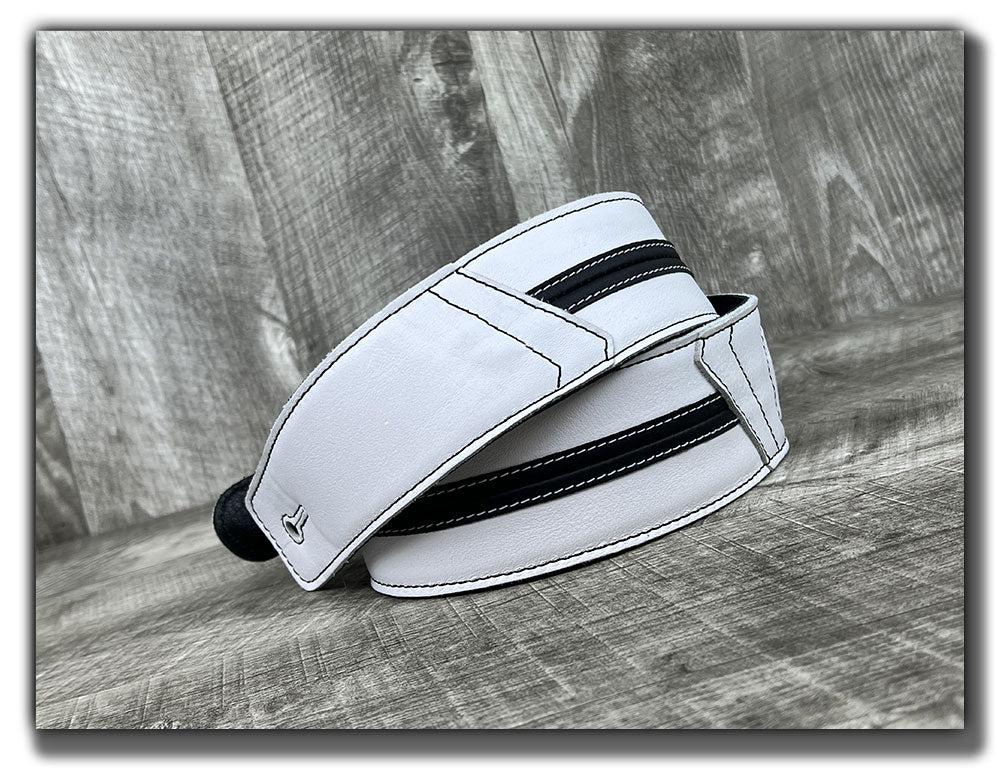 Straight Up - Frostfire White with Black Stripe Leather Guitar Strap