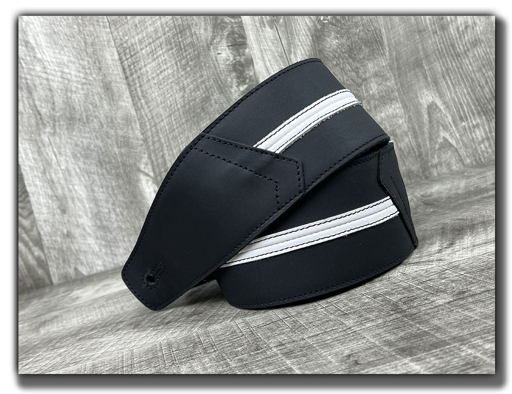 Straight Up - Carbon Black with White Stripe Leather Guitar Strap