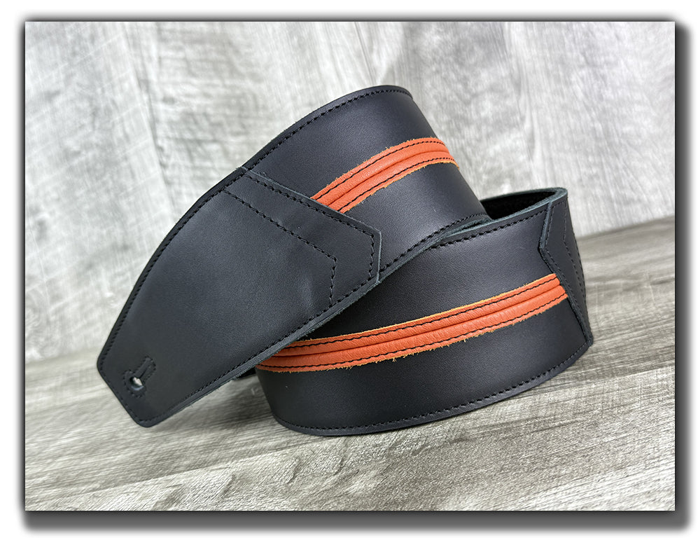 Straight Up - Carbon Black with Orange Peel Stripe Leather Guitar Strap