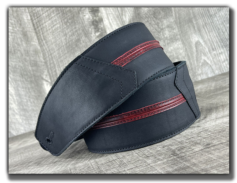 Straight Up - Carbon Black with Red Stripe Leather Guitar Strap