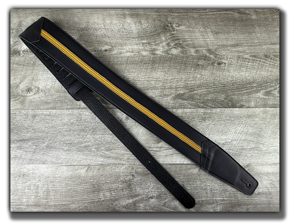 Straight Up - Carbon Black with Mustard Yellow Stripe Leather Guitar Strap