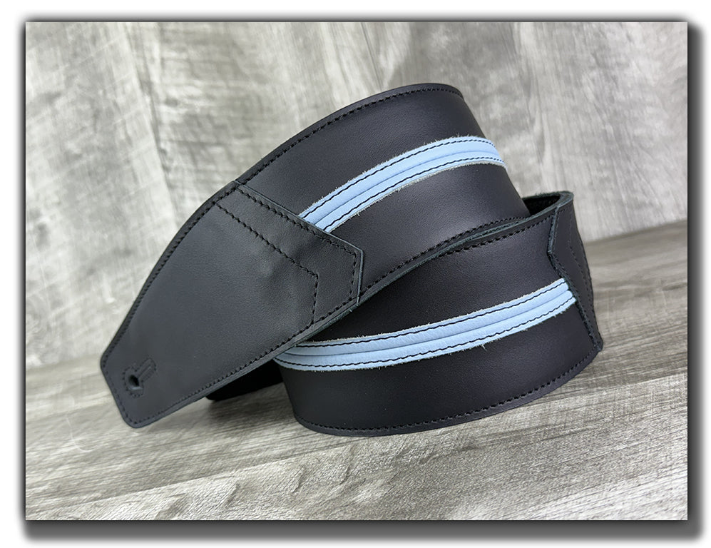 Straight Up - Carbon Black with Baby Blue Stripe Leather Guitar Strap