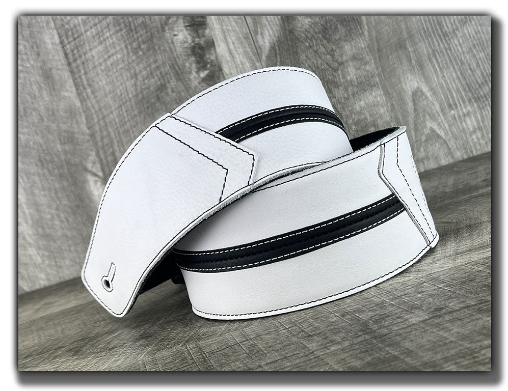 Straight Up - Frostfire White with Black Stripe Leather Guitar Strap