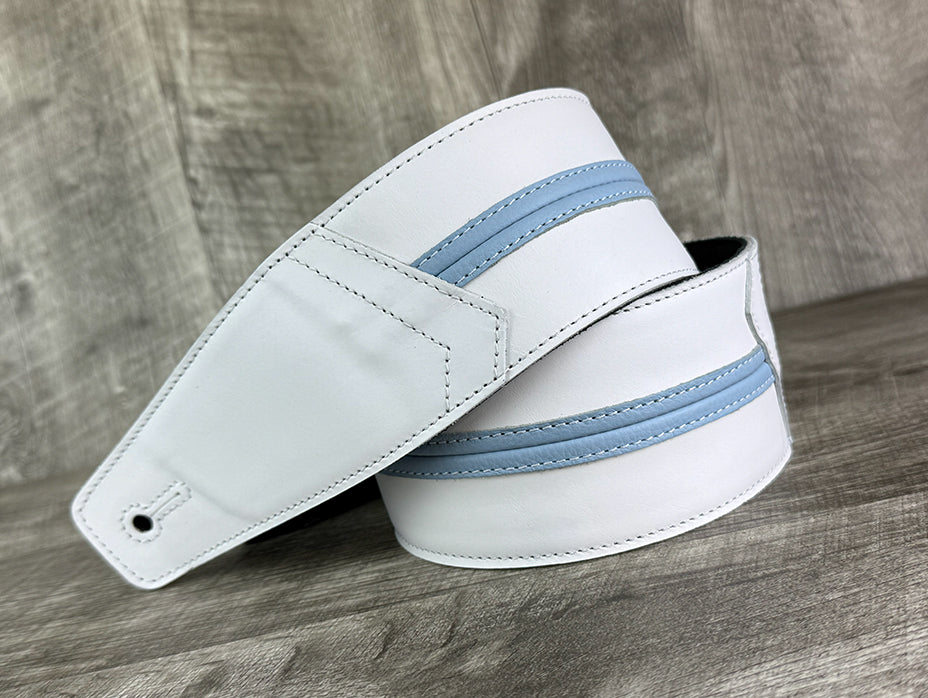 Straight Up - Frostfire White with Baby Blue Stripe Leather Guitar Strap