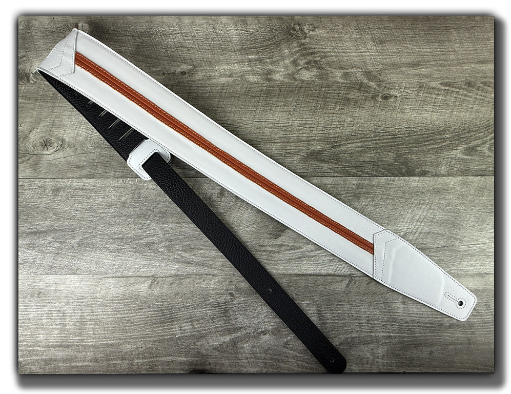Straight Up - Frostfire White with Orange Peel Stripe Leather Guitar Strap