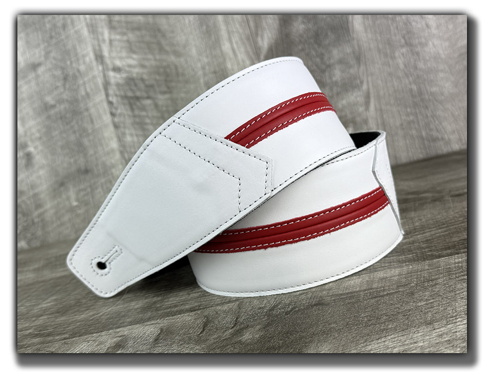 Straight Up - Frostfire White with Cherry Red Stripe Leather Guitar Strap