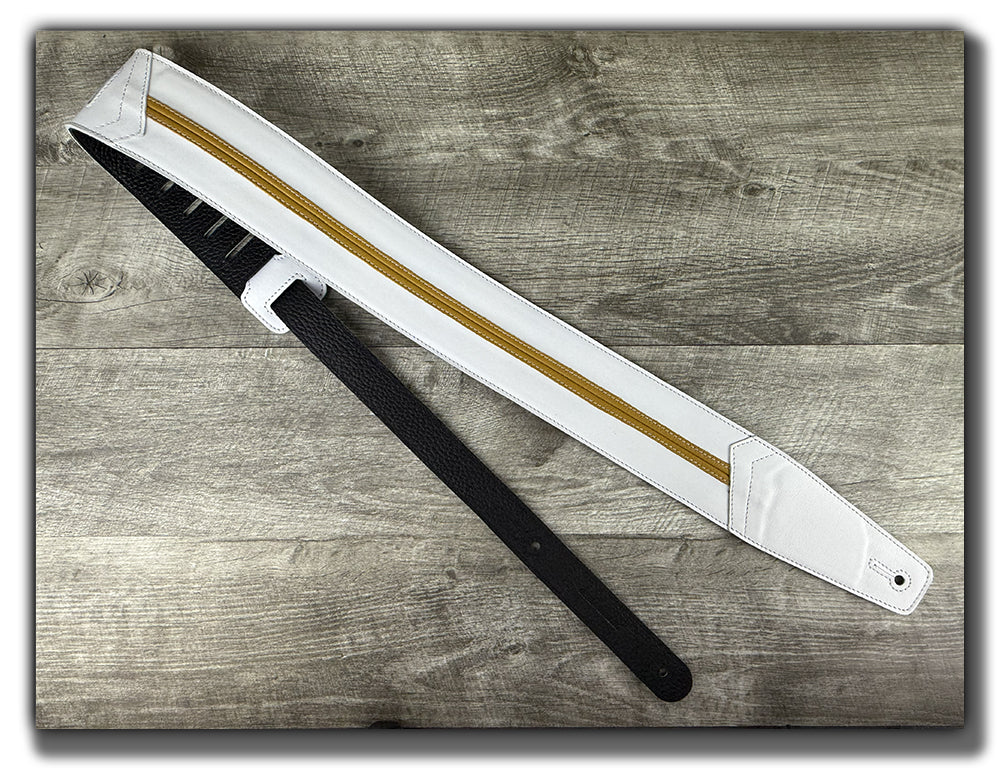 Straight Up - Frostfire White with Mustard Yellow Stripe Leather Guitar Strap