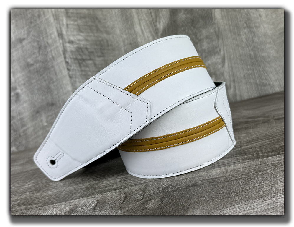 Straight Up - Frostfire White with Mustard Yellow Stripe Leather Guitar Strap