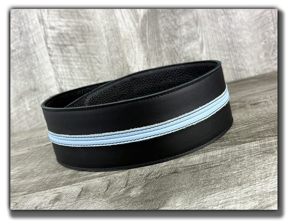 Straight Up - Carbon Black with Baby Blue Stripe Leather Guitar Strap