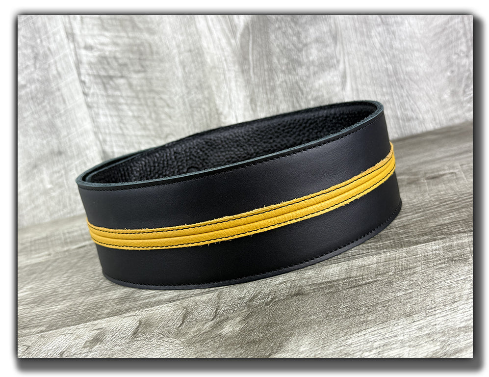 Straight Up - Carbon Black with Mustard Yellow Stripe Leather Guitar Strap