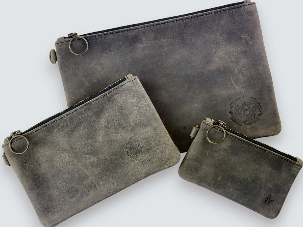 Leather Zipper Pouch - Aged Steel