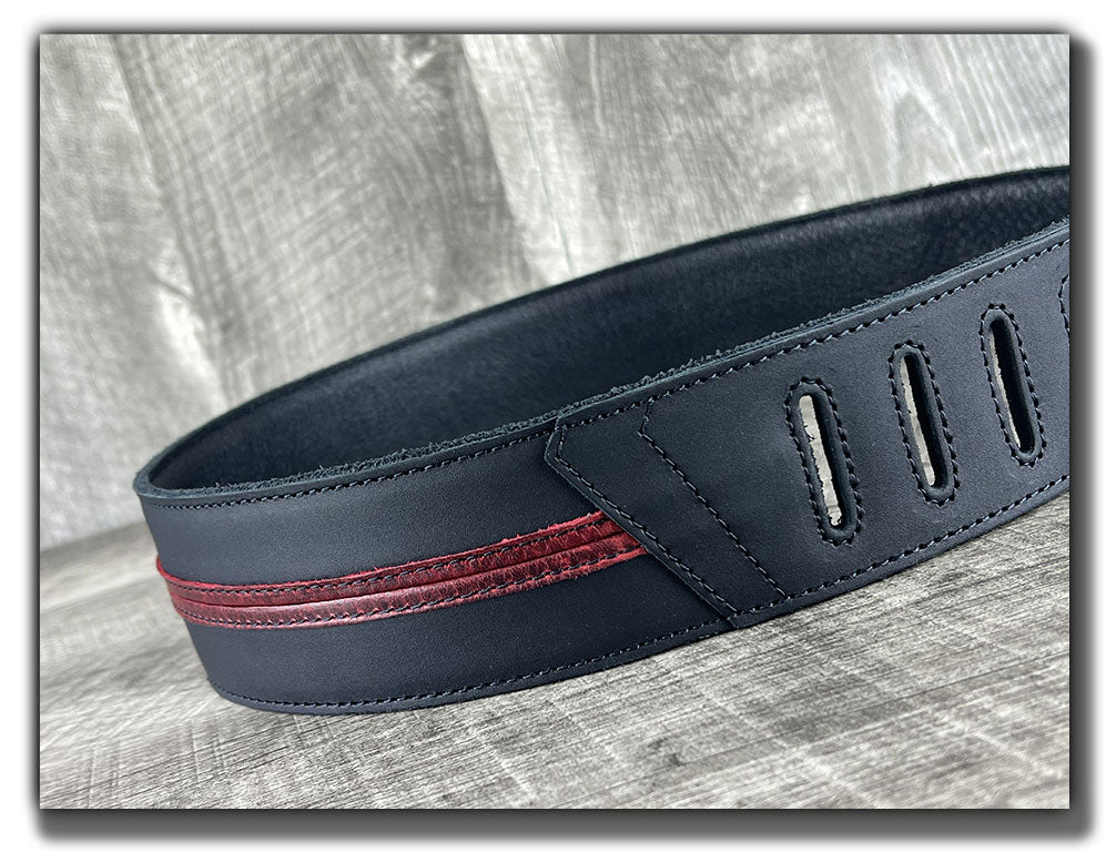 Straight Up - Carbon Black with Red Stripe Leather Guitar Strap
