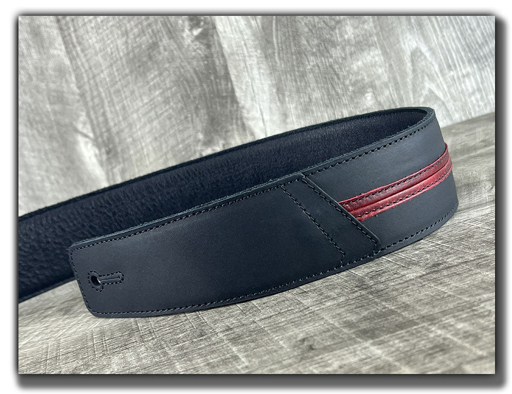 Straight Up - Carbon Black with Red Stripe Leather Guitar Strap