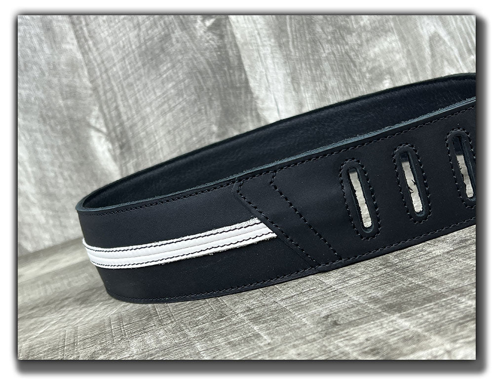 Straight Up - Carbon Black with White Stripe Leather Guitar Strap