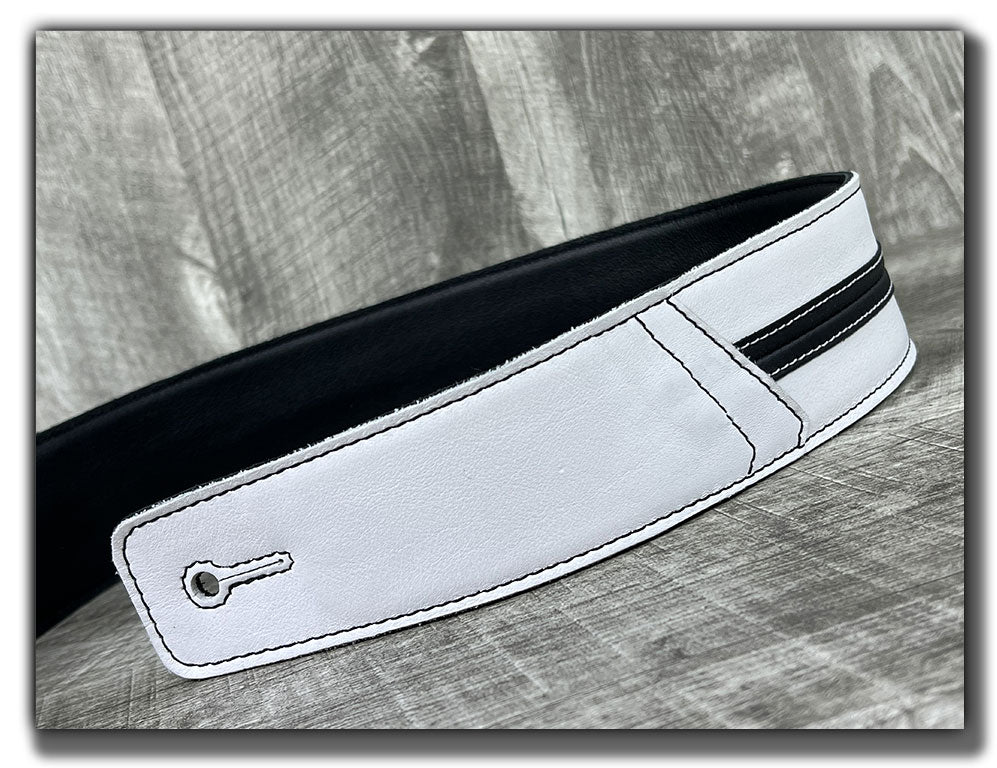 Straight Up - Frostfire White with Black Stripe Leather Guitar Strap