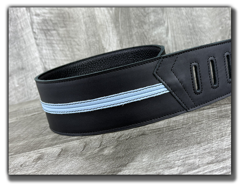 Straight Up - Carbon Black with Baby Blue Stripe Leather Guitar Strap