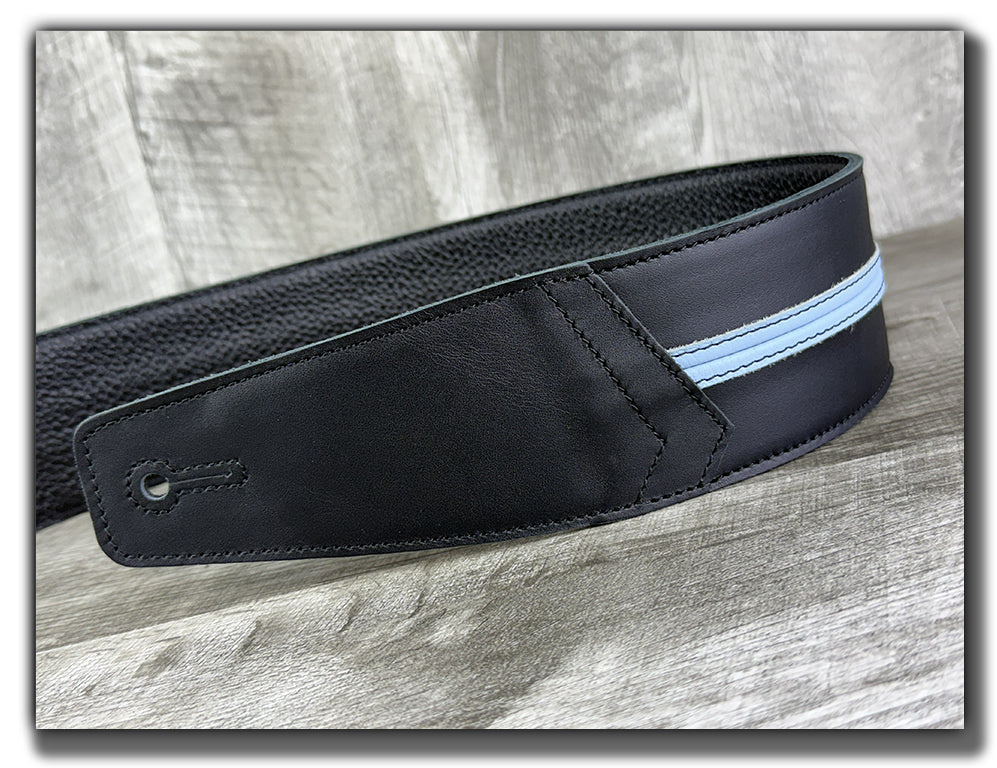 Straight Up - Carbon Black with Baby Blue Stripe Leather Guitar Strap