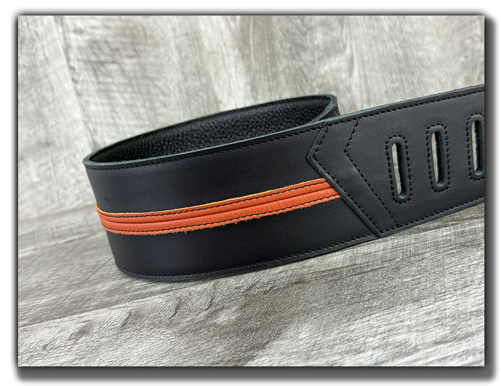 Straight Up - Carbon Black with Orange Peel Stripe Leather Guitar Strap