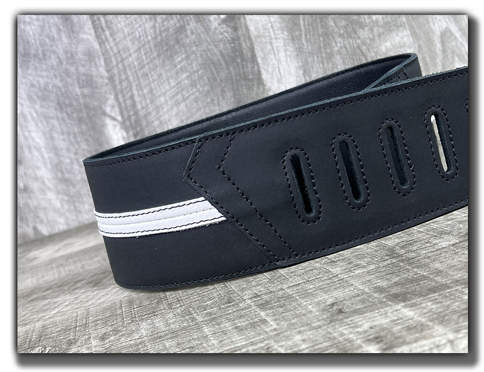Straight Up - Carbon Black with White Stripe Leather Guitar Strap